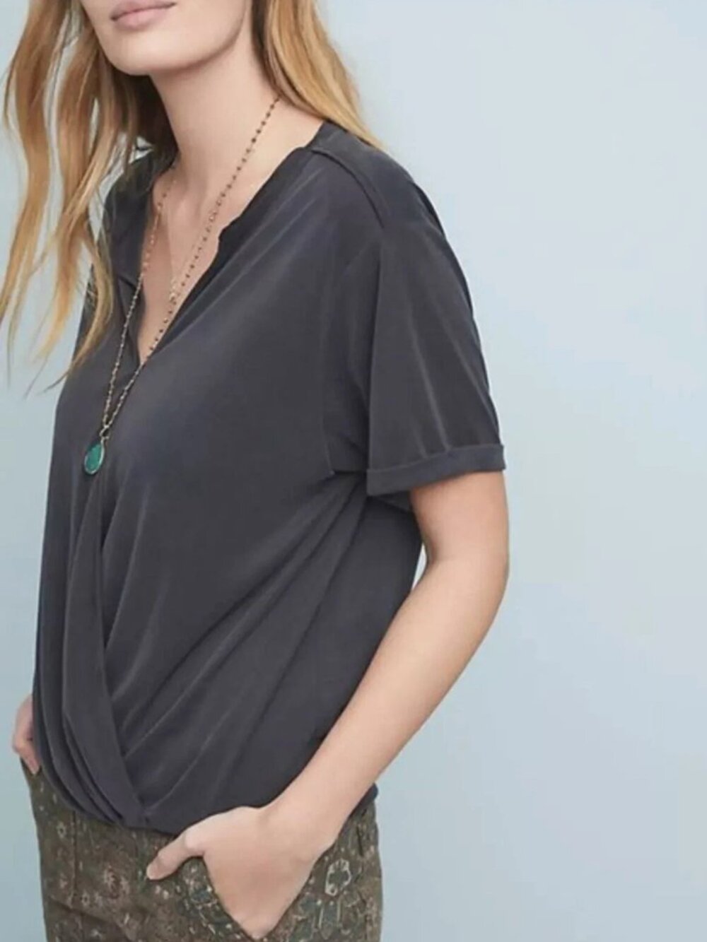 Anthropologie Saturday Sunday Gray Ribbed Surplice Top Size M Relaxed Fit
